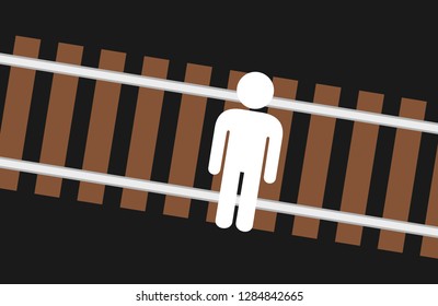 Suicide - man is commiting suicide by train. male is lying on the railway and railroad track to be hit and killed by train. Vector illustration