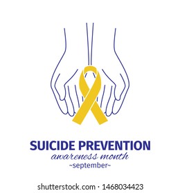Suicide Prevention. Awareness Month Concept. Yellow Ribbon In The Hands Of Man. Vector Illustration