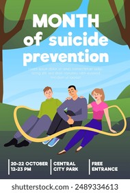 Suicide Prevention Awareness Month in a vector poster with a girl and a guy supporting a depressed man. Invitation to a free mental health support meeting