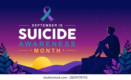 Suicide Prevention Awareness Month vector background featuring a lonely figure silhouette watching a hopeful sunrise, awareness ribbon emblem, and starry sky.