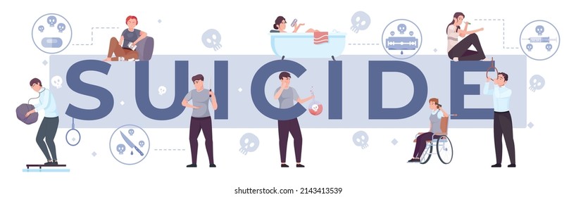 Suicide prevention composition with text surrounded by meds and skull icons with human characters committing suicide vector illustration