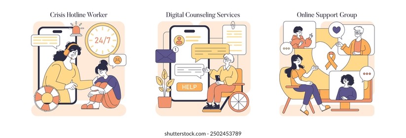 Conjunto del Día de Prevención del Suicidio. Se ilustra el acceso a 24 7 líneas directas de crisis, servicios de asesoramiento digital y grupos de Asistencia en línea. Concienciación sobre la salud mental. Ilustración vectorial.