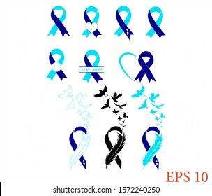 Suicide Prevention. Ribbon Feather And Birds Set. Ribbon Awareness