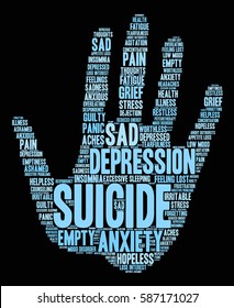 Suicide word cloud on a black background.