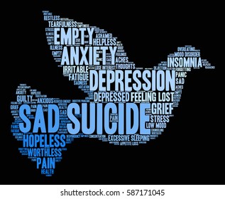 Suicide word cloud on a black background.