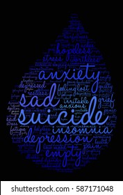 Suicide word cloud on a black background.
