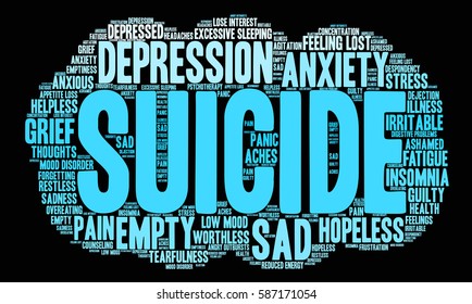 Suicide word cloud on a black background.