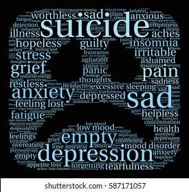Suicide word cloud on a black background.