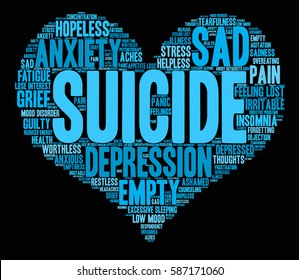 Suicide word cloud on a black background.
