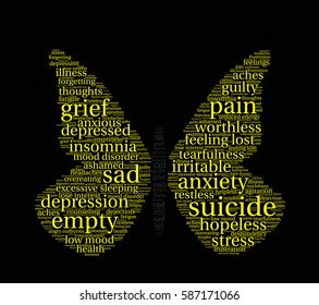 Suicide word cloud on a black background.