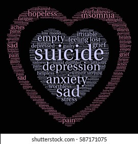Suicide word cloud on a black background.