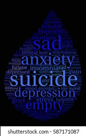 Suicide word cloud on a black background.
