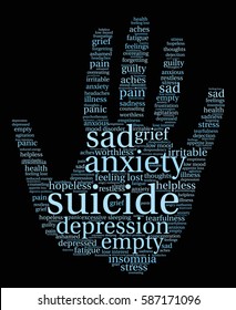 Suicide word cloud on a black background.