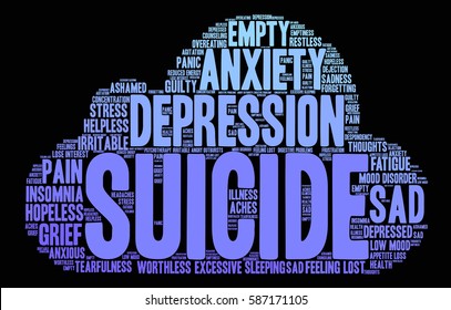 Suicide word cloud on a black background.