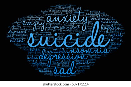 Suicide word cloud on a black background.