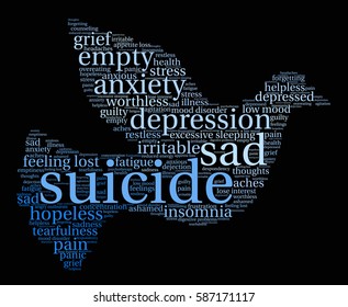 Suicide word cloud on a black background.