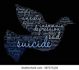 Suicide word cloud on a black background.