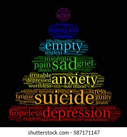 Suicide word cloud on a black background.