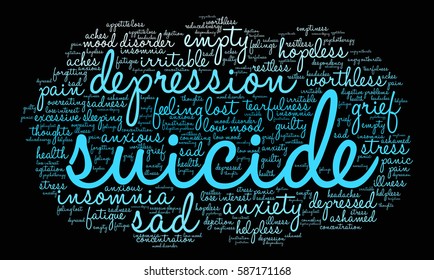 Suicide word cloud on a black background.