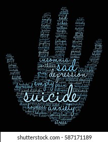 Suicide word cloud on a black background.