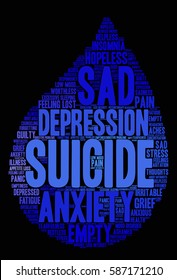 Suicide word cloud on a black background.