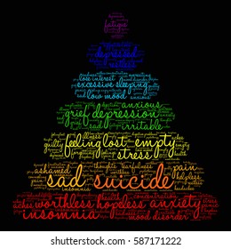 Suicide word cloud on a black background.
