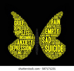 Suicide word cloud on a black background.