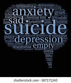 Suicide word cloud on a black background.