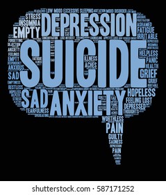 Suicide word cloud on a black background.