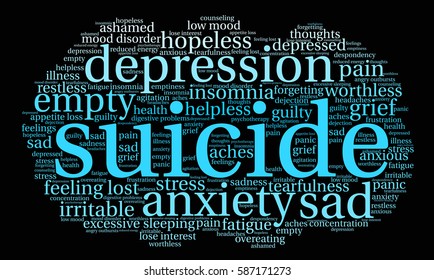 Suicide word cloud on a black background.