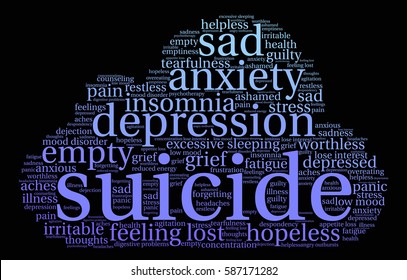 Suicide word cloud on a black background.