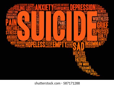 Suicide word cloud on a black background.