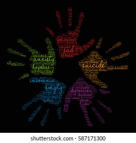 Suicide word cloud on a black background.