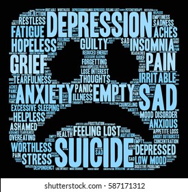 Suicide word cloud on a black background.
