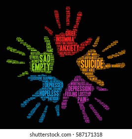 Suicide word cloud on a black background.