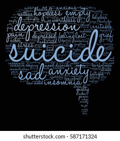 Suicide word cloud on a black background.