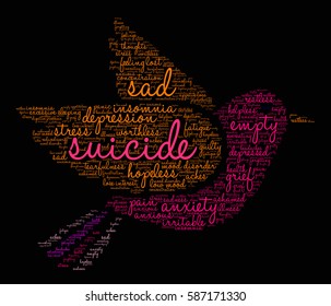 Suicide word cloud on a black background.