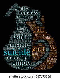 Suicide word cloud on a black background.