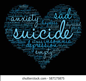 Suicide word cloud on a black background.