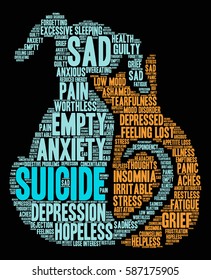 Suicide word cloud on a black background.