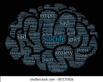 Suicide word cloud on a black background.