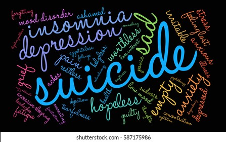 Suicide word cloud on a black background.