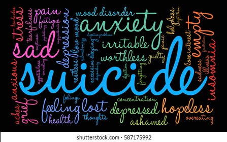 Suicide word cloud on a black background.