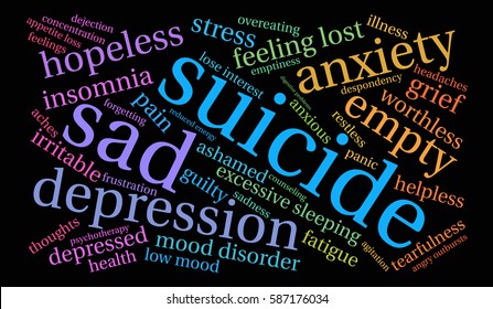Suicide word cloud on a black background.