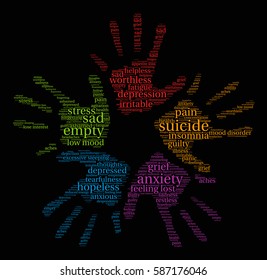 Suicide word cloud on a black background.