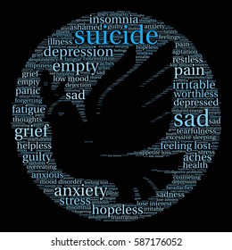 Suicide word cloud on a black background.