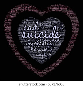 Suicide word cloud on a black background.