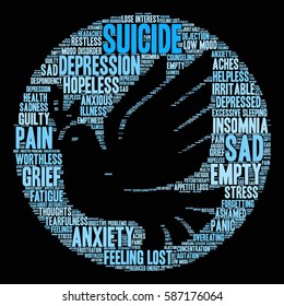 Suicide word cloud on a black background.