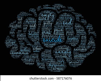 Suicide word cloud on a black background.
