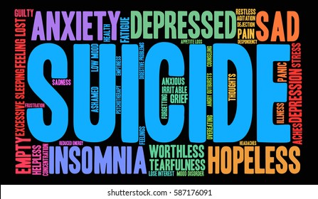 Suicide word cloud on a black background.